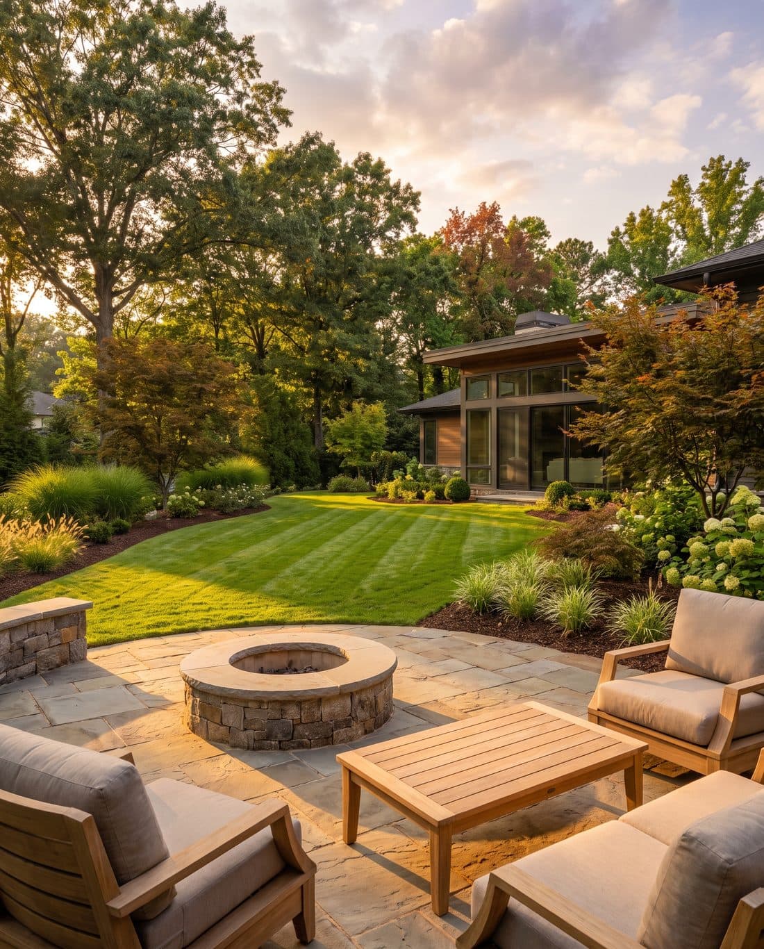 A landscaped backyard with a natural-stone paver patio, fire pit, and manicured lawn at golden hour